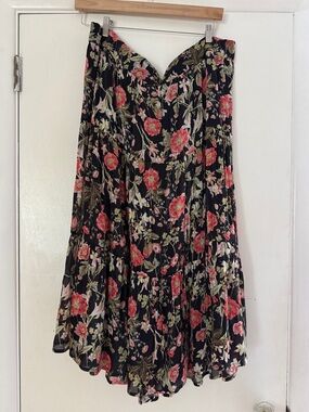 LC Lauren Conrad Black Floral Midi Skirt with Pink and Green Flowers